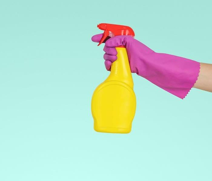 Cleaning spray bottle with hand in cleaning glove. 